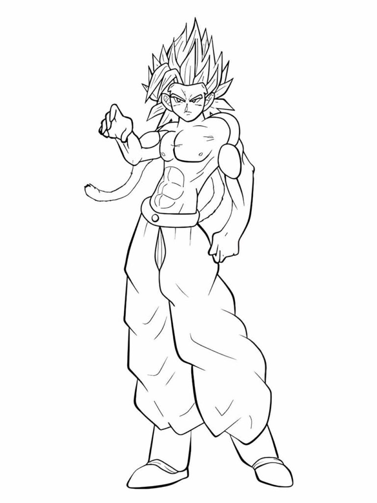 Desenho para desenhar de um personagem Super Saiyan de "Dragon Ball", com músculos proeminentes e aura de poder ao redor.