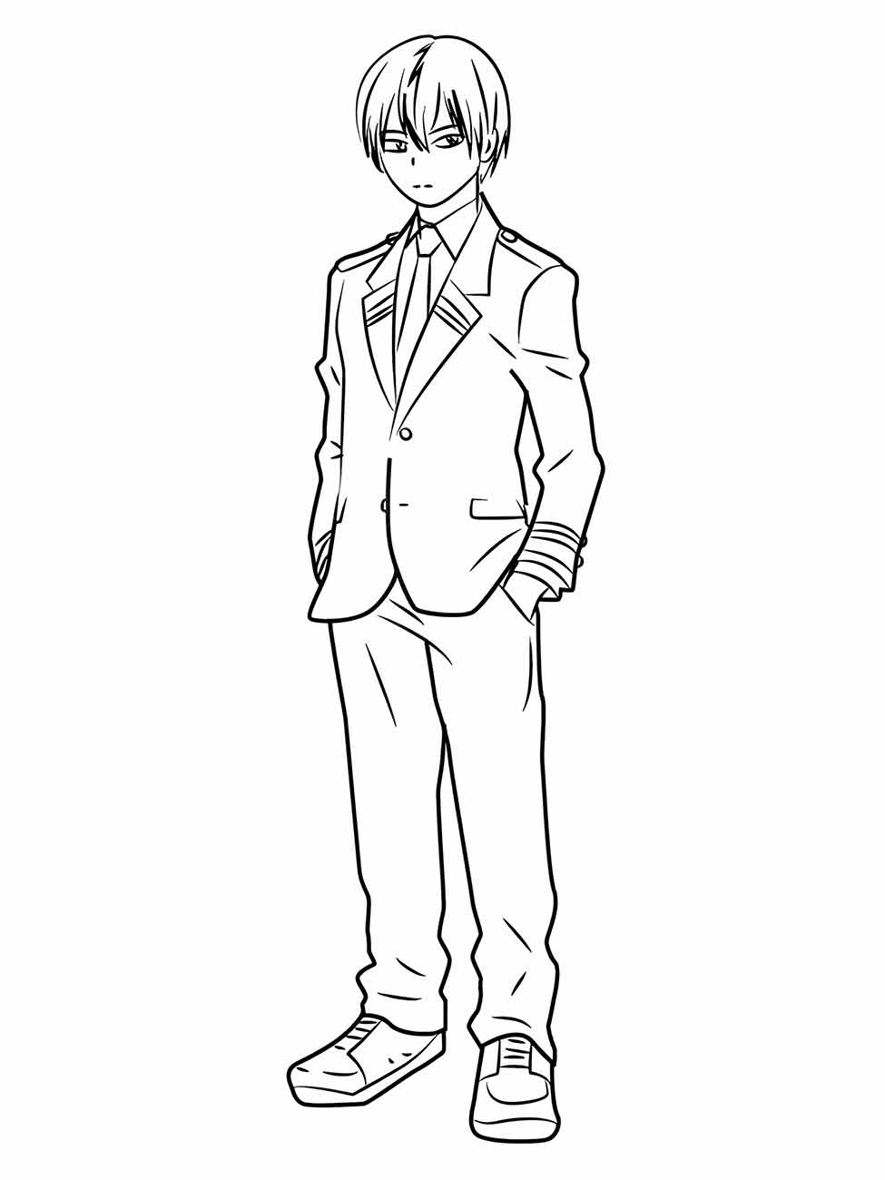 Desenho para desenhar de Todoroki Shoto de "My Hero Academia", em uniforme escolar, com um olhar sério e pose confiante.