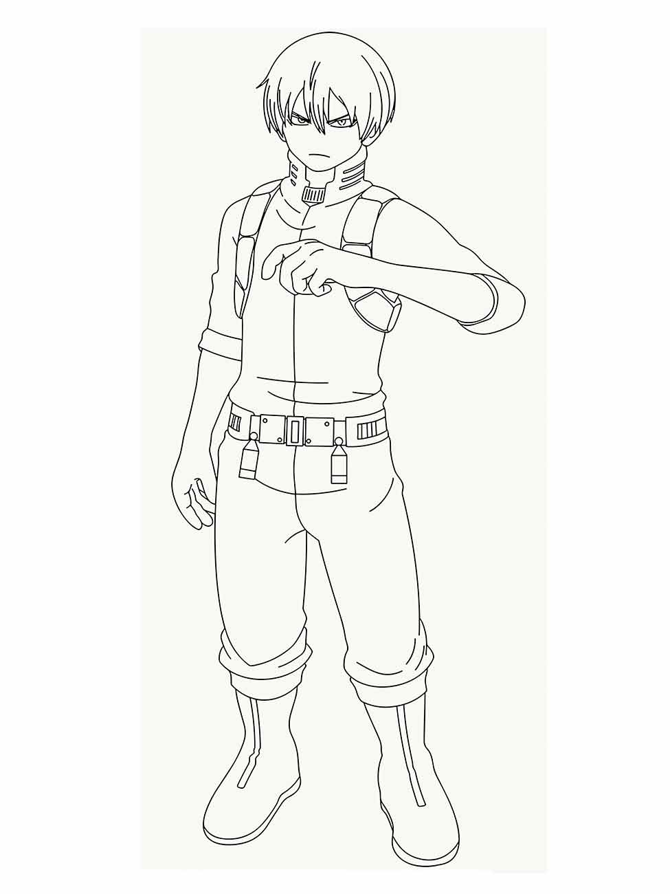 Desenho para desenhar de Shoto Todoroki de "My Hero Academia", em uniforme escolar, pronto para a ação com um olhar focado.