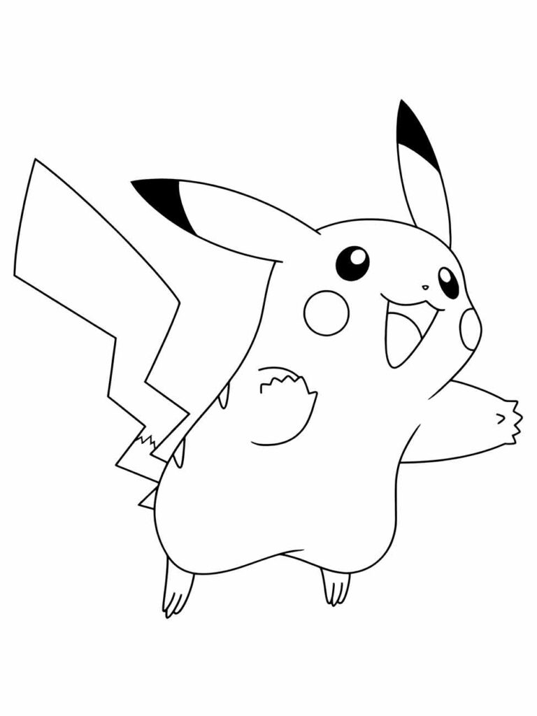 Desenho de Pikachu de "Pokémon" para desenhar, correndo alegremente com sua cauda em forma de raio erguida.