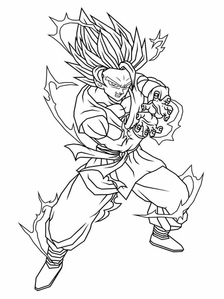 Desenho para desenhar de Son Goku de "Dragon Ball", em uma postura de luta com o efeito de energia da transformação Super Saiyan.