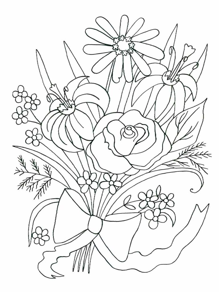 Desenho de um arranjo de flores variadas para desenhar com um grande laço na base.