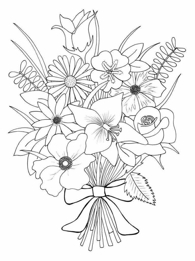 Desenho de um arranjo misto de flores para desenhar, incluindo margaridas e folhagem, amarrado com um laço.