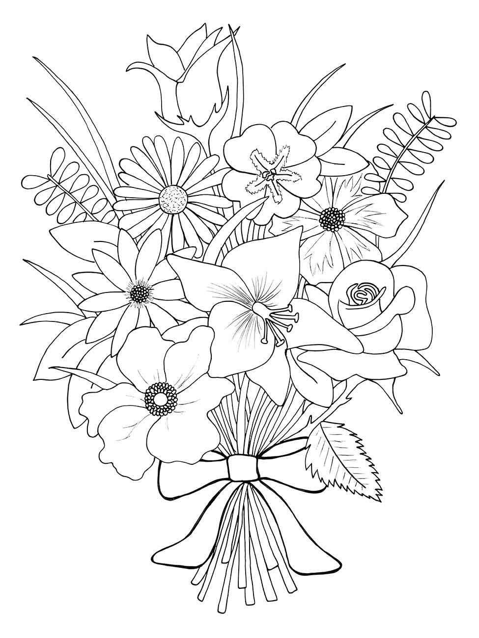 Desenho de um arranjo misto de flores para desenhar, incluindo margaridas e folhagem, amarrado com um laço.