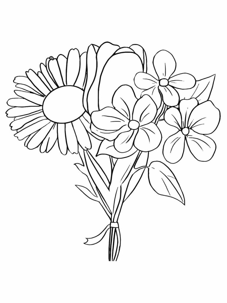 Desenho para desenhar de um buquê com margaridas e flores pequenas.