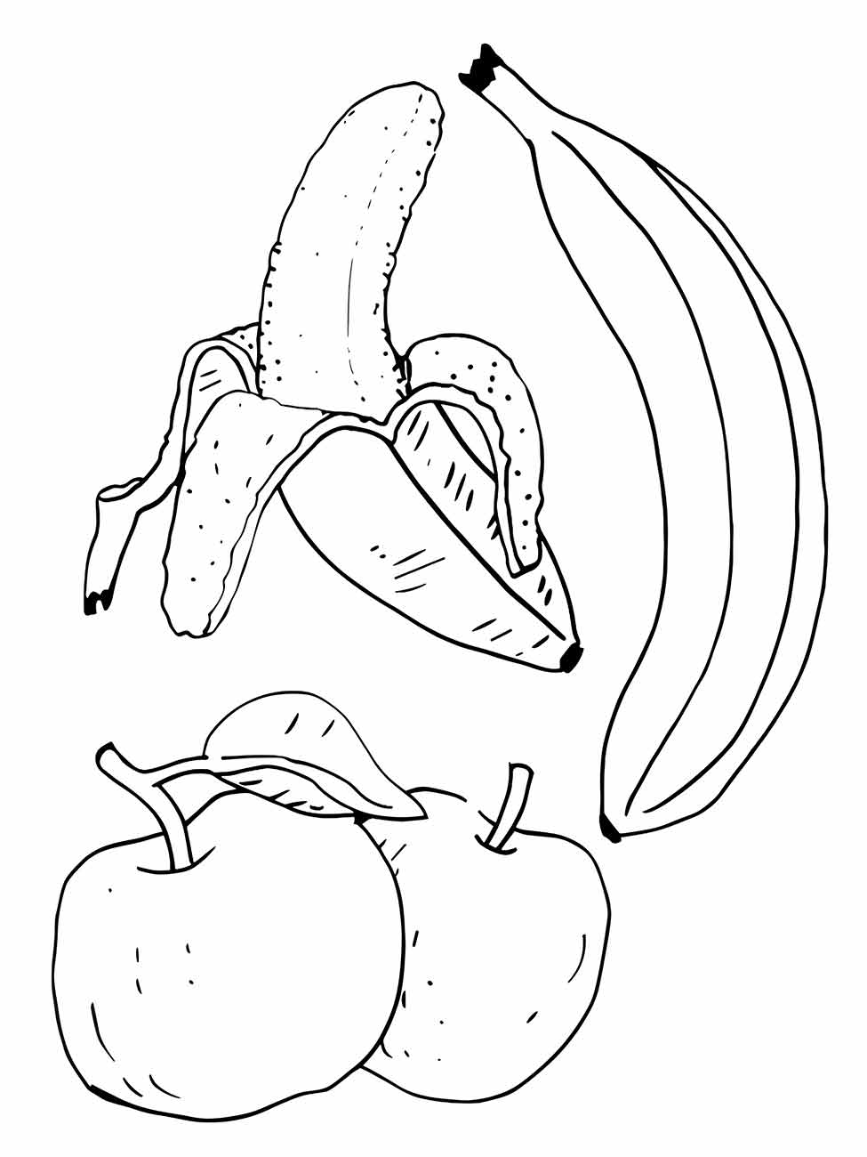 Esboço de uma banana descascada ao lado de duas maçãs, perfeito para desenhar.