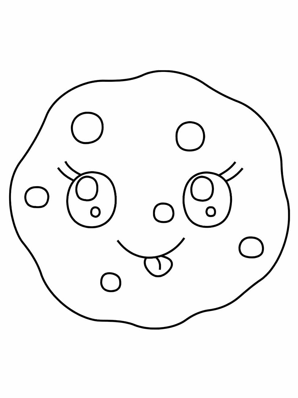 Desenho de uma bolacha redonda para desenhar, com olhos grandes e um sorriso doce, estilizado de forma adorável e amigáve