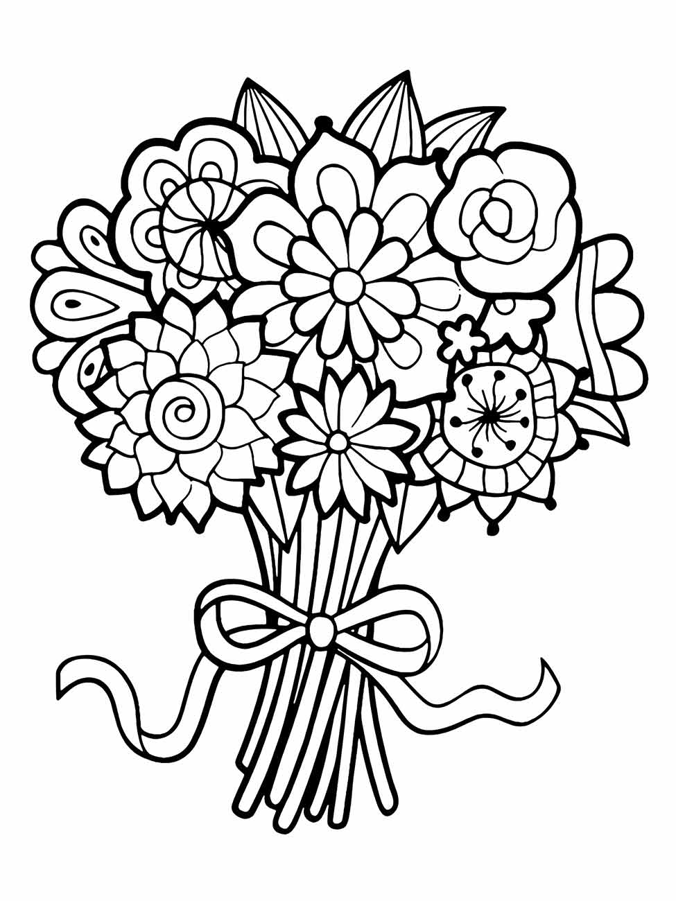 Desenho de buquê para desenhar detalhado com variedade de flores e laço.