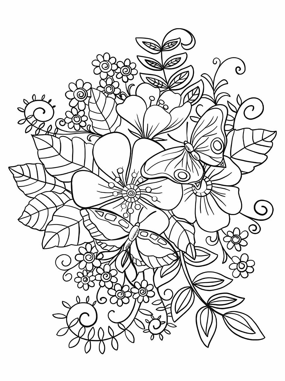 Desenho para desenhar de um buquê natural de flores silvestres e folhas detalhadas.