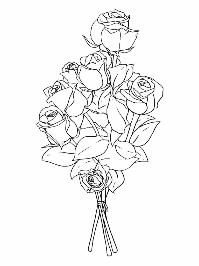 Desenho para desenhar de um buquê vertical de rosas com hastes longas e folhas proeminentes.