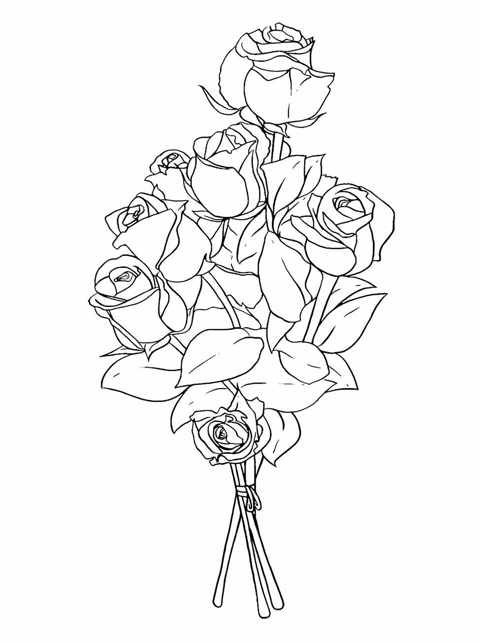 Desenho para desenhar de um buquê vertical de rosas com hastes longas e folhas proeminentes.