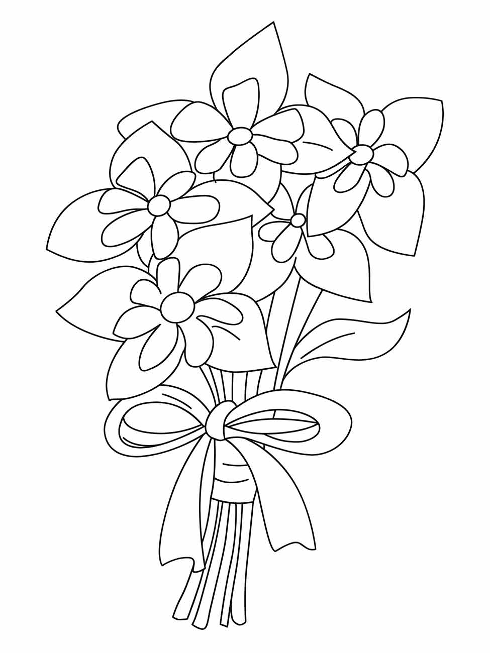 Desenho para desenhar de um buquê simples de flores com seis pétalas amarrado com um laço.