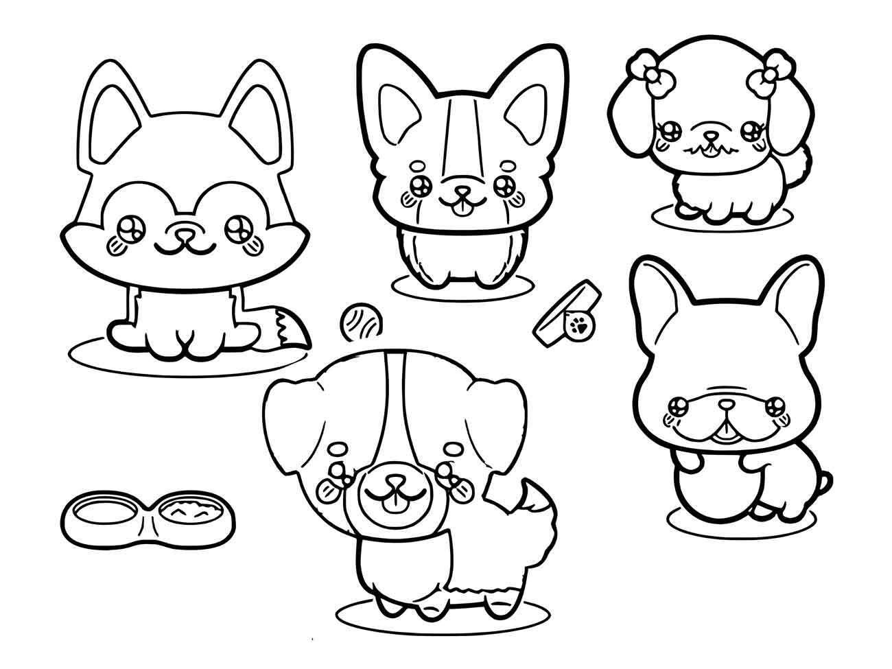 Desenho de cachorros kawaii para desenhar, de diferentes raças sentados, alguns com acessórios.