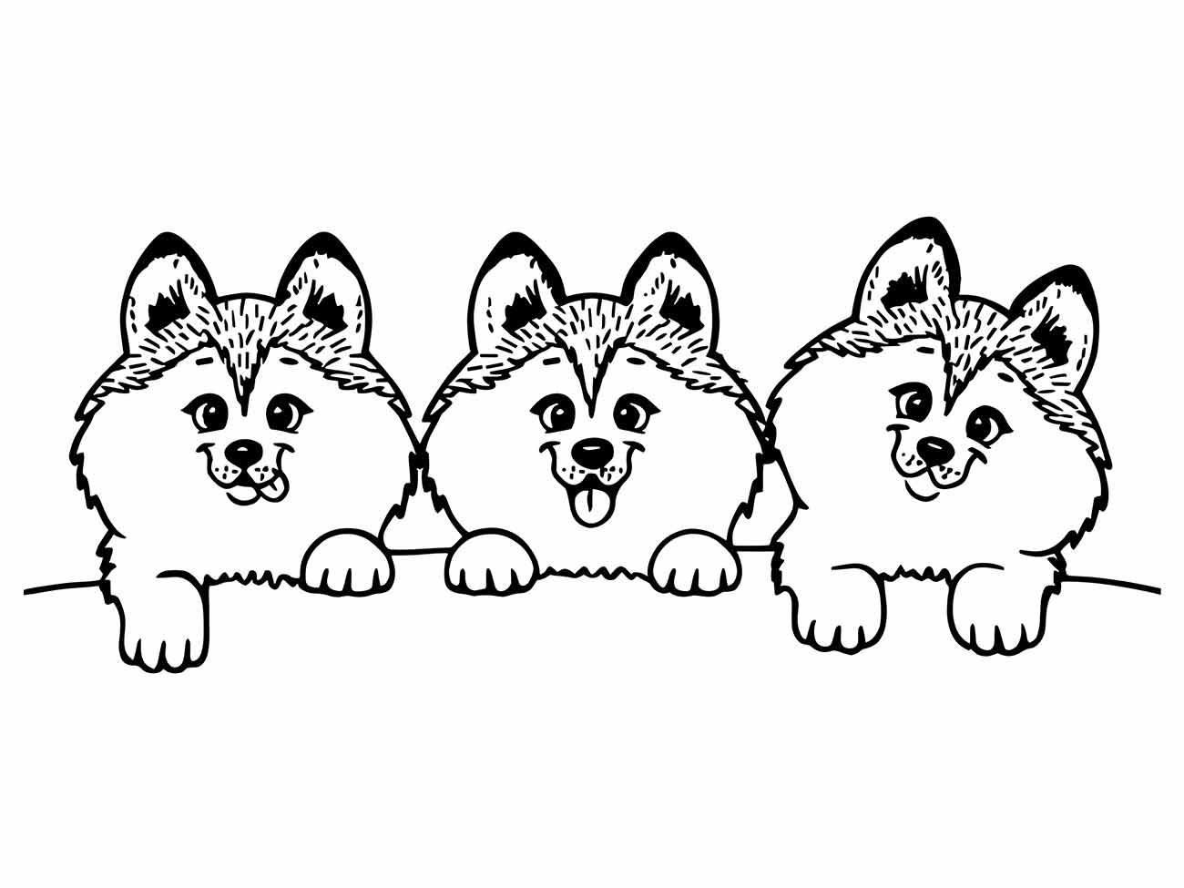 Desenho de três cachorros kawaii para desenhar, lado a lado com expressões alegres.