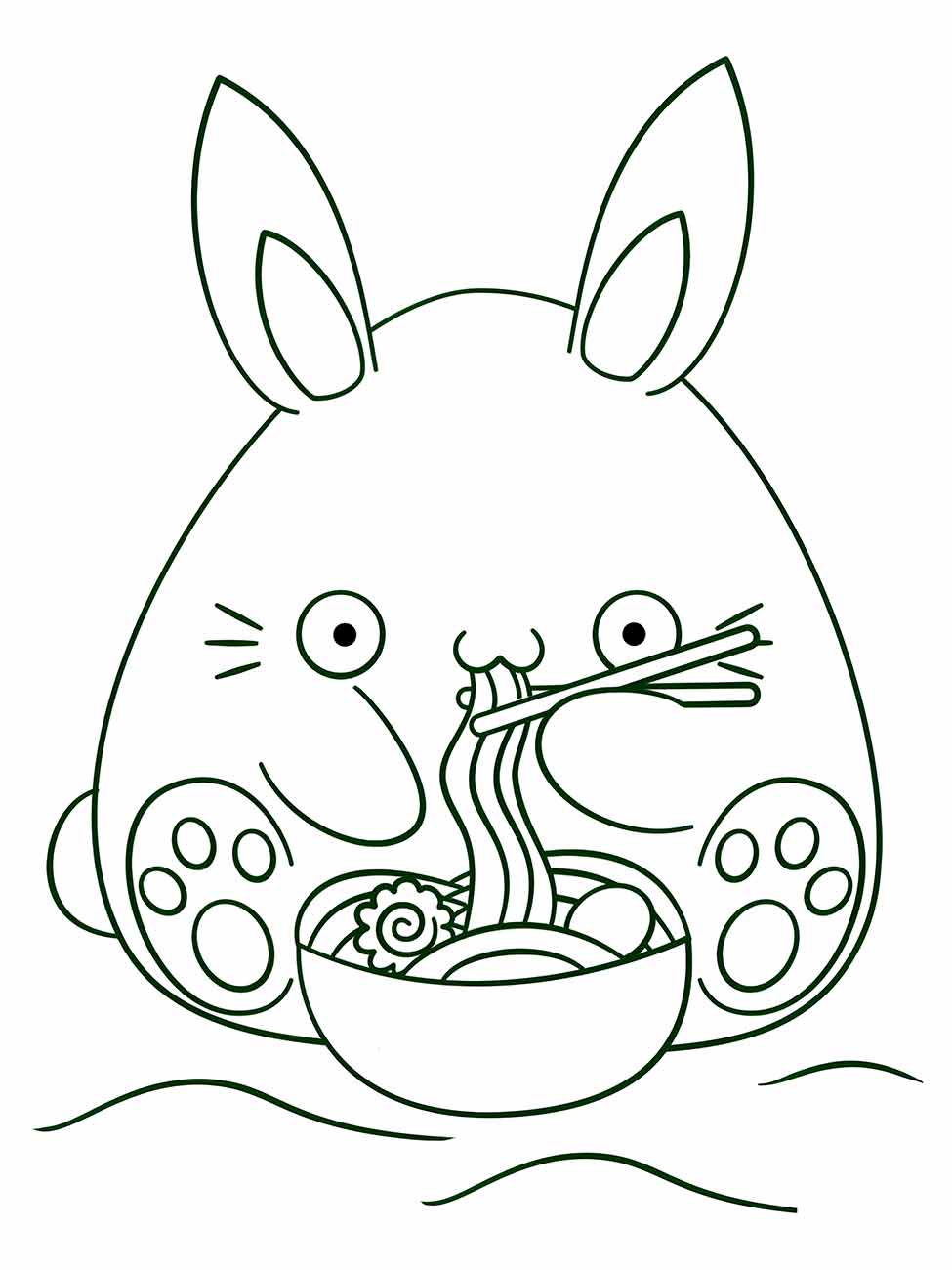 Desenho de um coelho kawaii para desenhar, saboreando um bowl de noodles com pauzinhos.