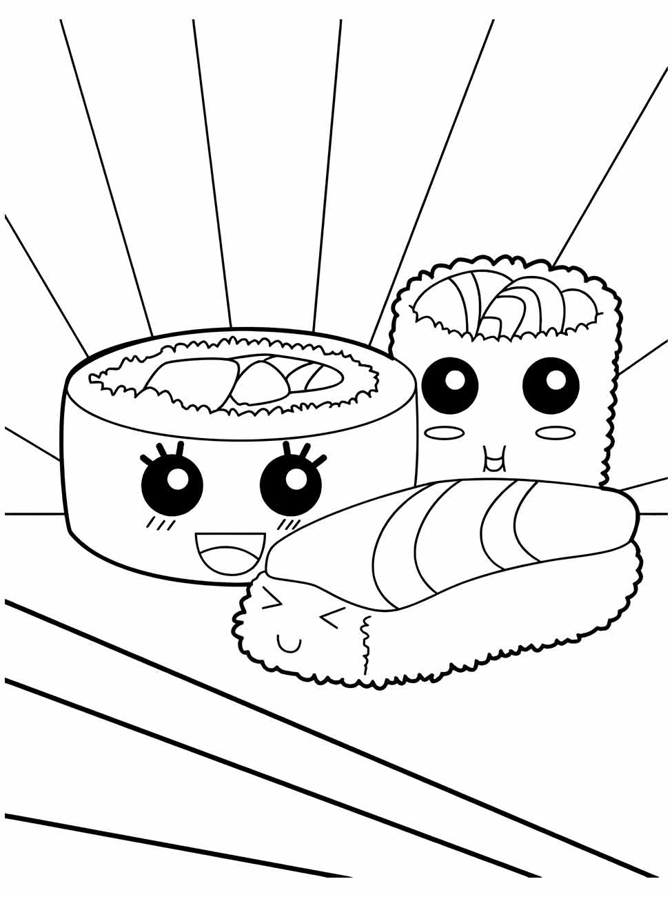 Desenho de comidas japonesas kawaii para desenhar, como sushi e sashimi, com rostinhos felizes.