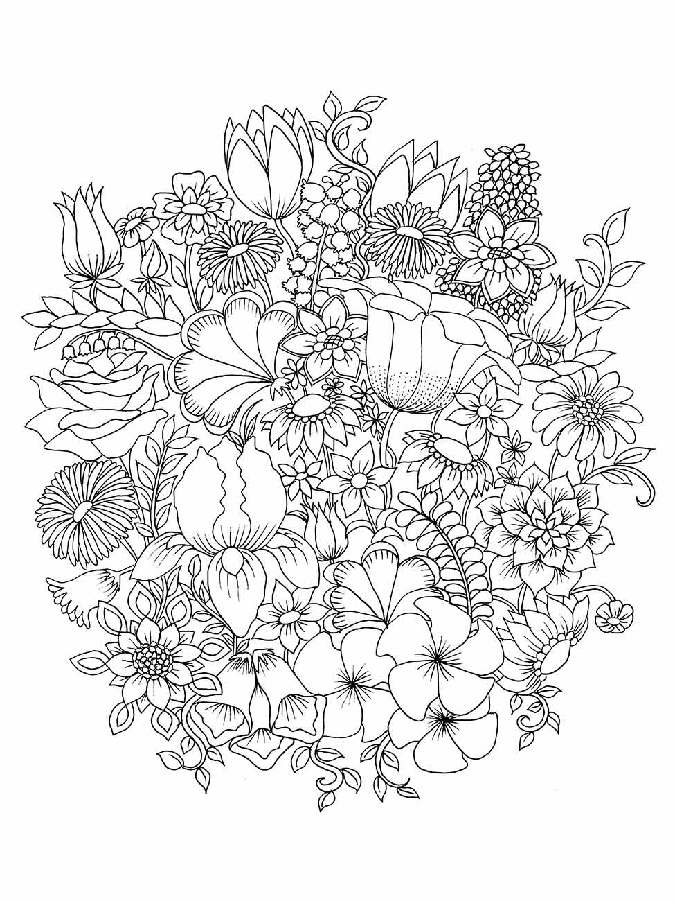 Desenho para desenhar de uma composição repleta de diferentes tipos de flores e folhas.