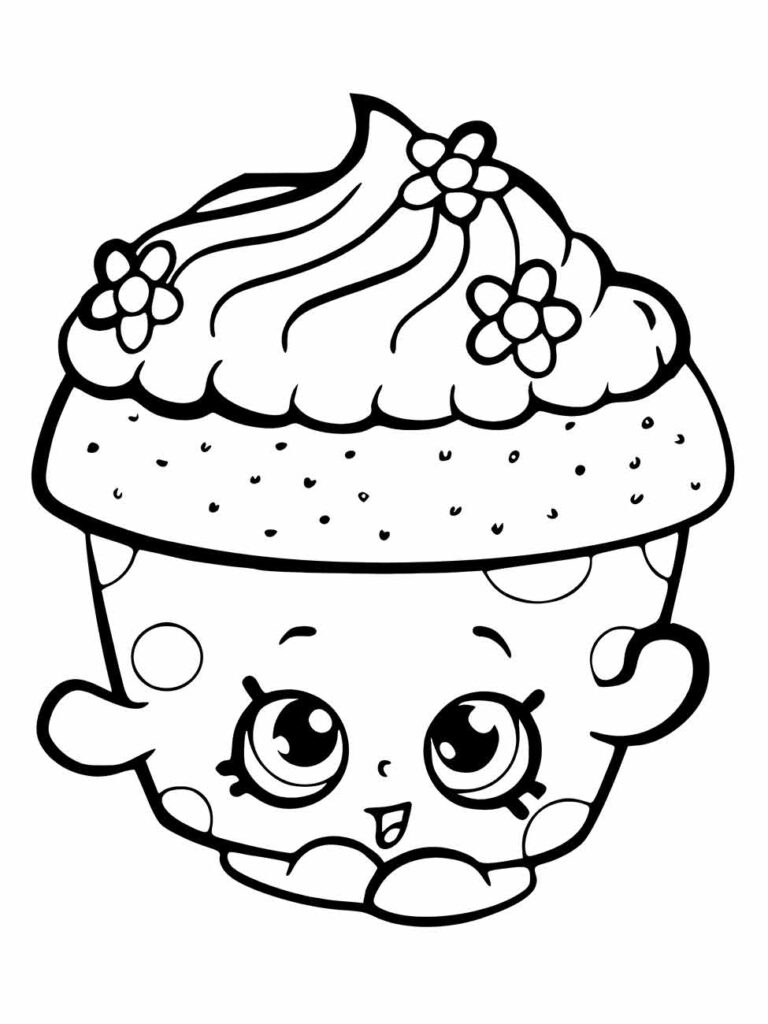 Desenho para desenhar de um cupcake kawaii com cobertura, decorado com flores e olhos sorridentes.