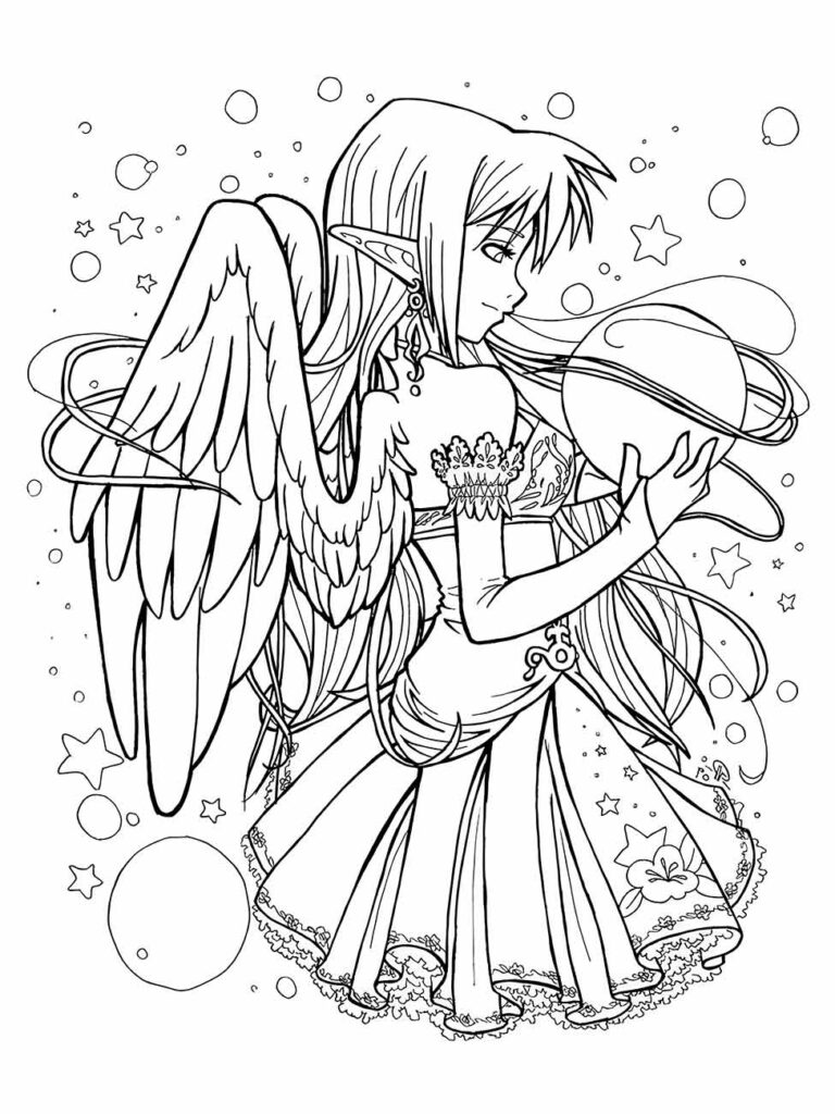 Desenho de anime para desenhar de um anjo com planetas.