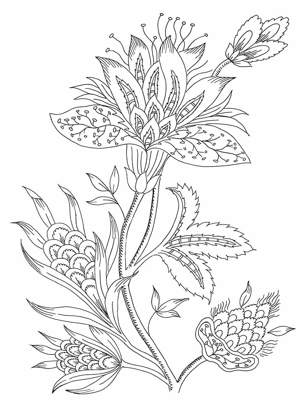 Desenho para desenhar de uma flor exótica com folhagem detalhada e botões florais.