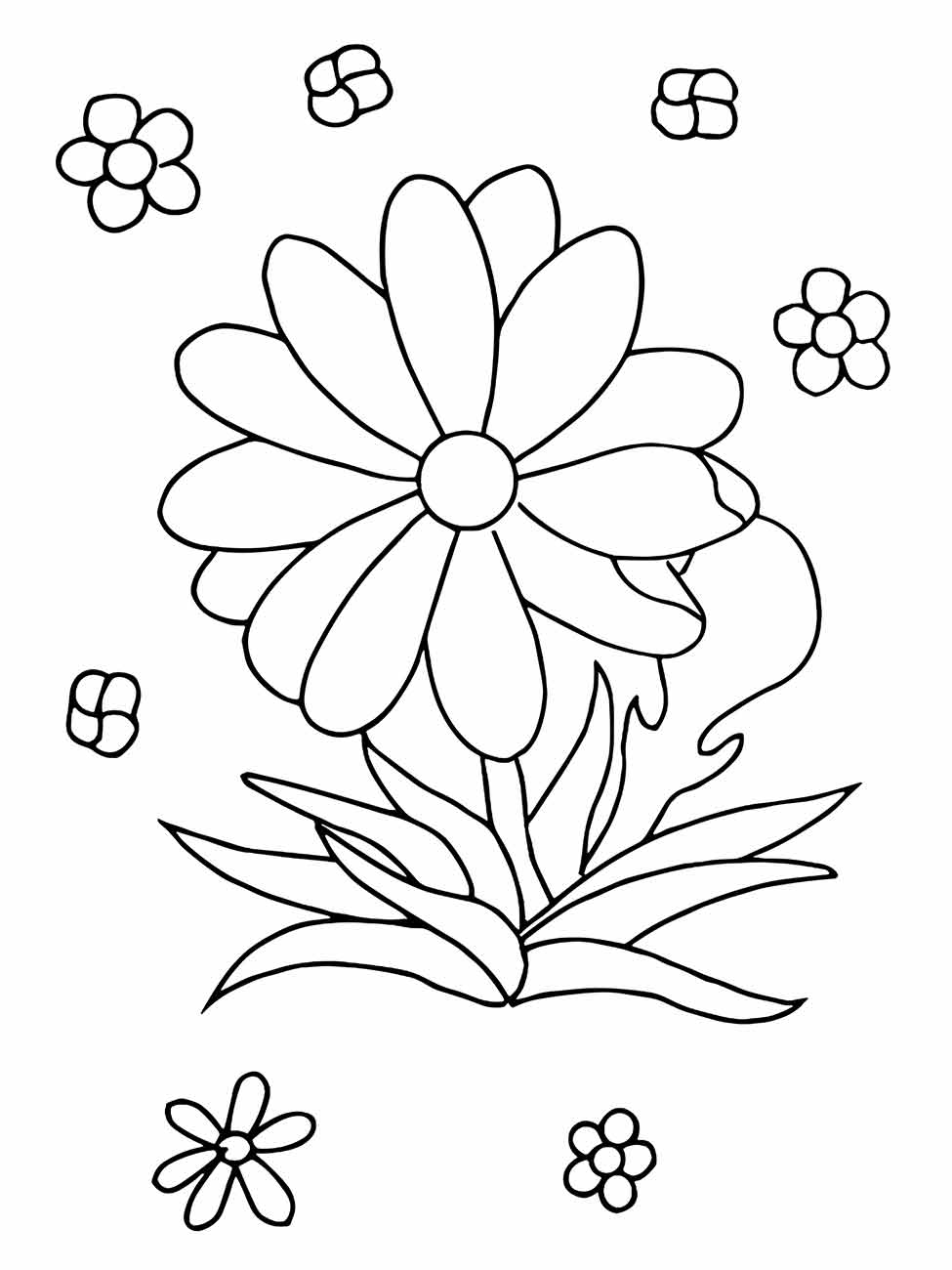 Desenho para desenhar de uma grande flor central com pequenos insetos e flores ao redor.