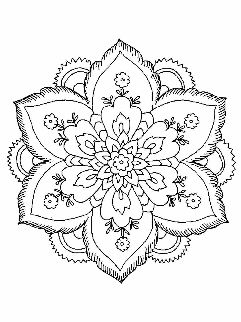 Desenho para desenhar de uma flor de lótus estilizada com pétalas amplas e ornamentos florais.