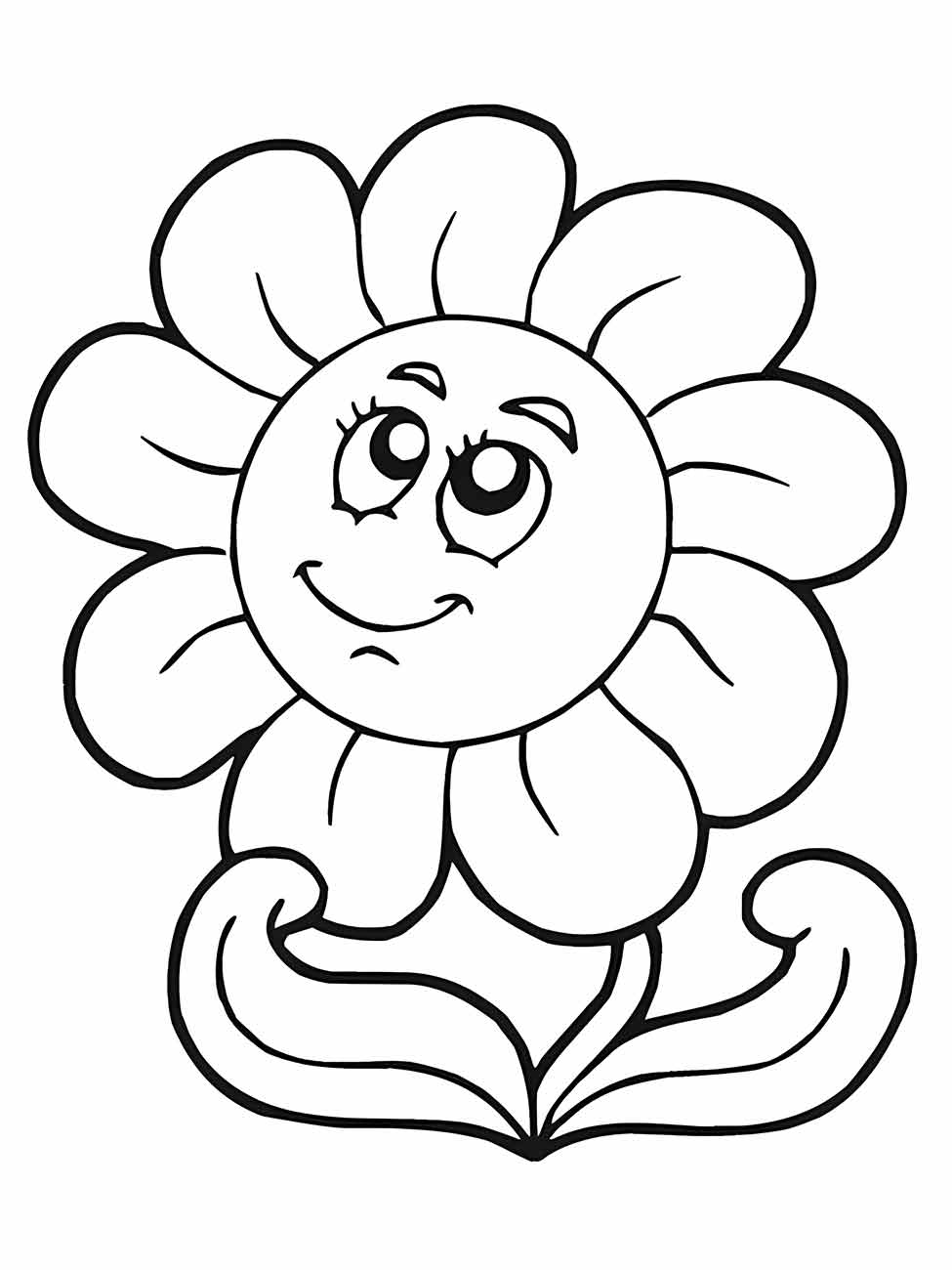 Desenho para desenhar de uma flor sorridente com grandes pétalas e expressão animada.