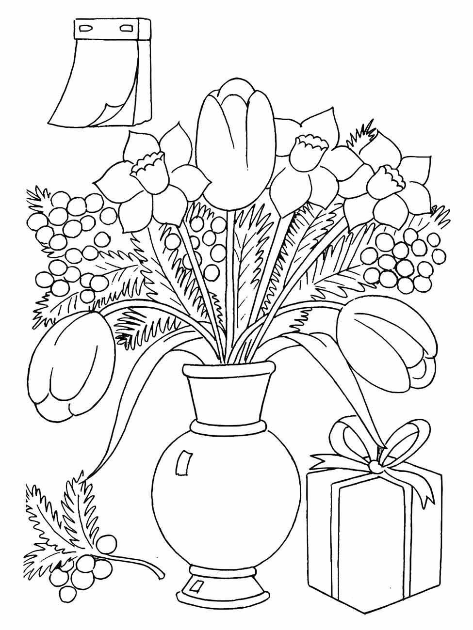 Desenho para desenhar de um vaso com tulipas e folhagem, acompanhado de um presente ao lado.