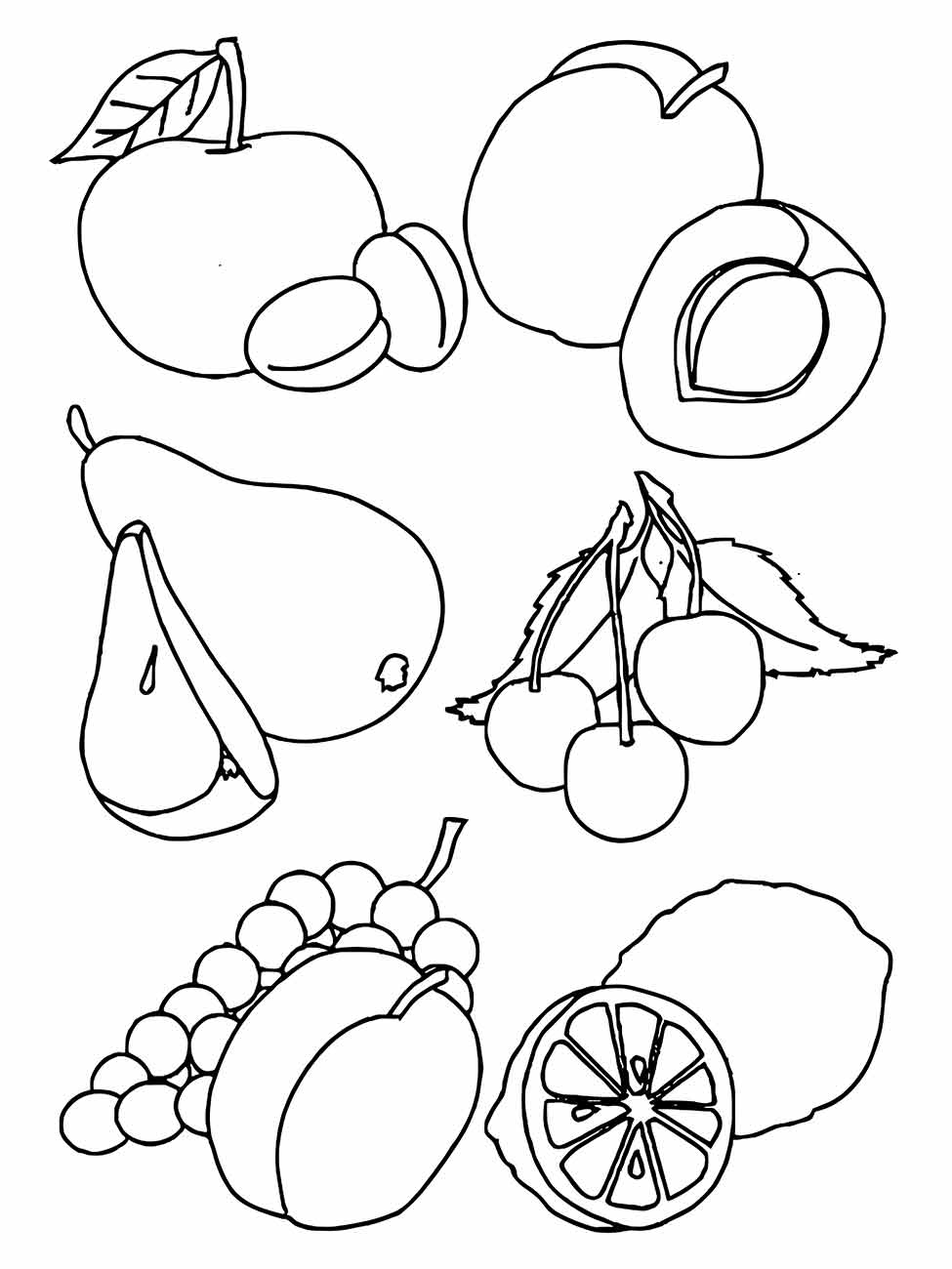 Esboço em linha de uma variedade de frutas, incluindo maçã, pêssego e uva, ideal para desenhar