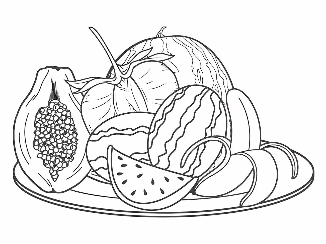 Esboço de uma variedade de frutas servidas juntas, ótimo para práticas de desenho.