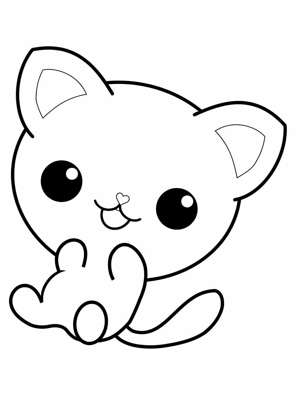 Desenho para desenhar de um gato kawaii sentado com olhos grandes e expressão doce.