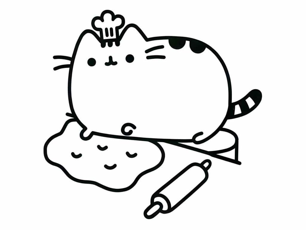 Desenho de um gato kawaii para desenhar, deitado sobre uma almofada, segurando um rolo de massa.