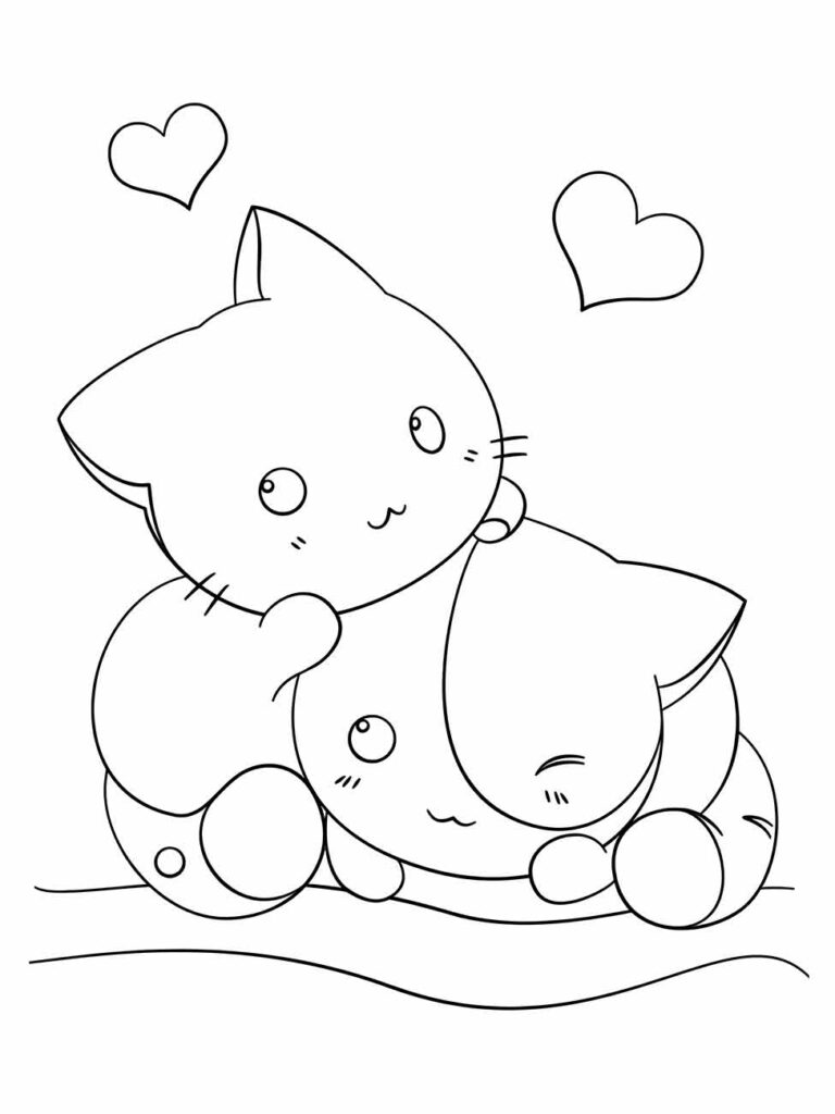 Desenho para desenhar de dois gatos kawaii abraçados com corações flutuando acima deles.