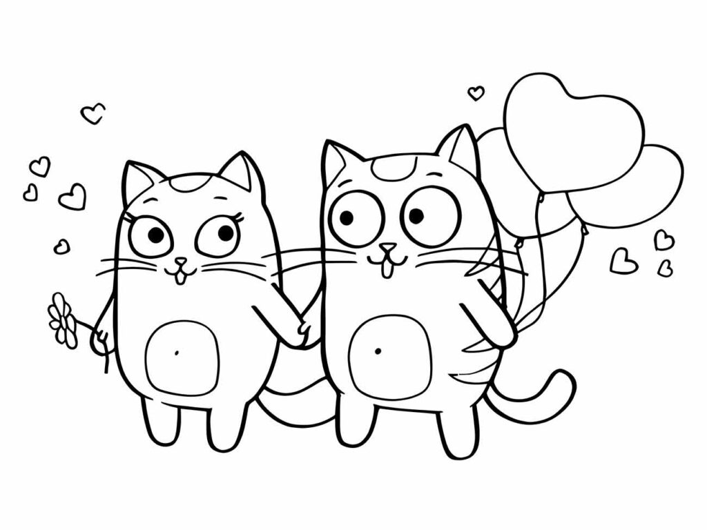 Desenho de dois gatos kawaii para desenhar, de mãos dadas, um segurando um balão e o outro, uma flor, com corações