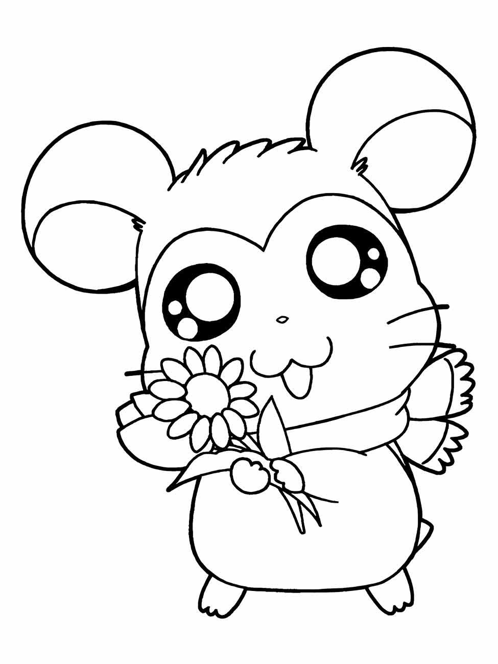 Desenho de um hamster kawaii para desenhar, segurando uma flor com um grande sorriso no rosto.