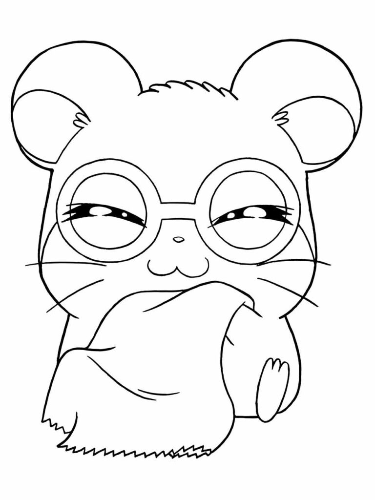 Desenho de um hamster kawaii para desenhar com óculos grandes e expressão pensativa.