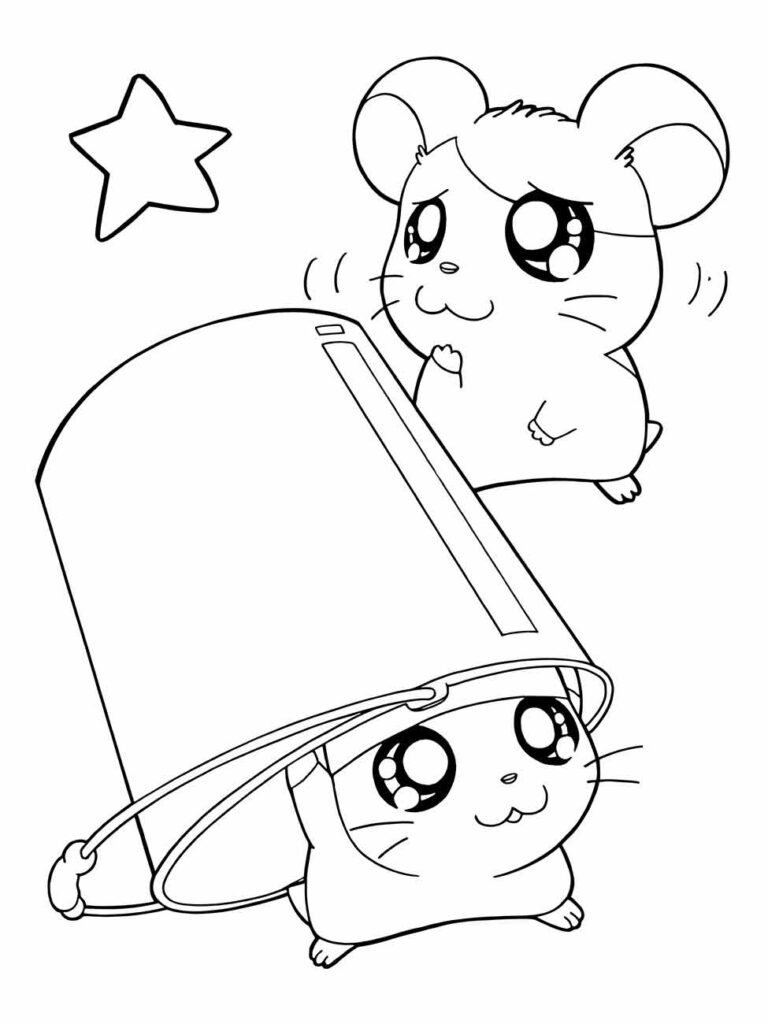 Desenho de um hamster kawaii para desenhar, espiando por cima de um balde.