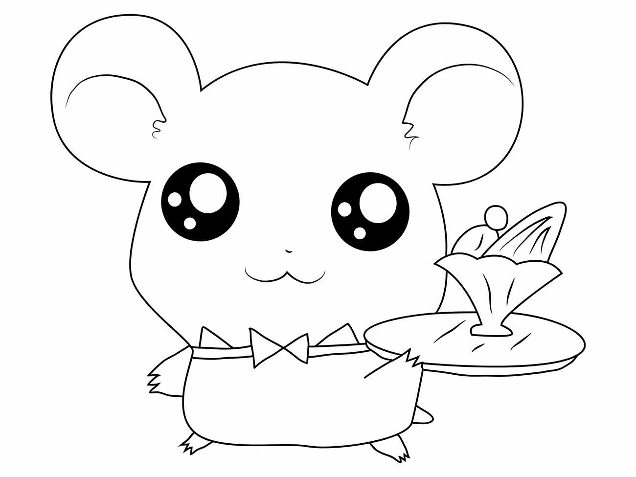 Desenho de um hamster kawaii com um laço para desenhar, segurando um prato com comida.