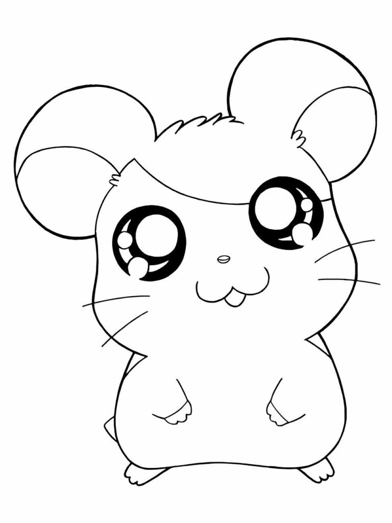 Desenho para desenhar de um hamster kawaii com olhos brilhantes e pose atenta.