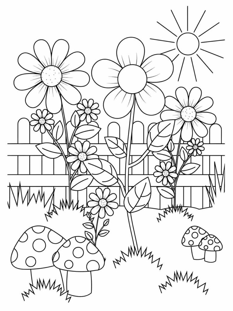 Desenho de um jardim cercado com flores diversas e cogumelos para desenhar.