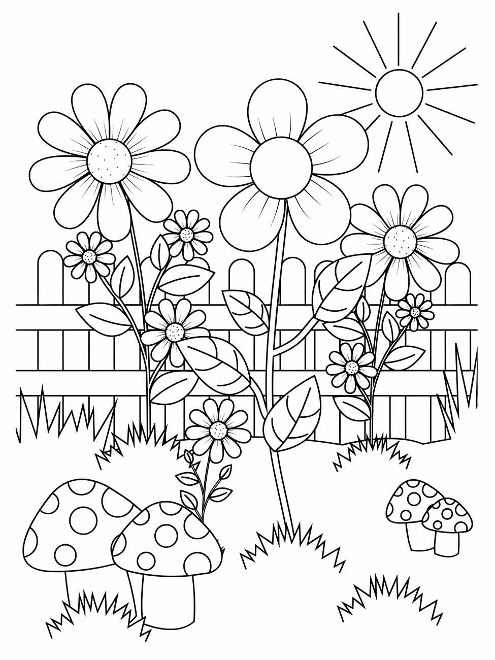 Desenho de um jardim cercado com flores diversas e cogumelos para desenhar.