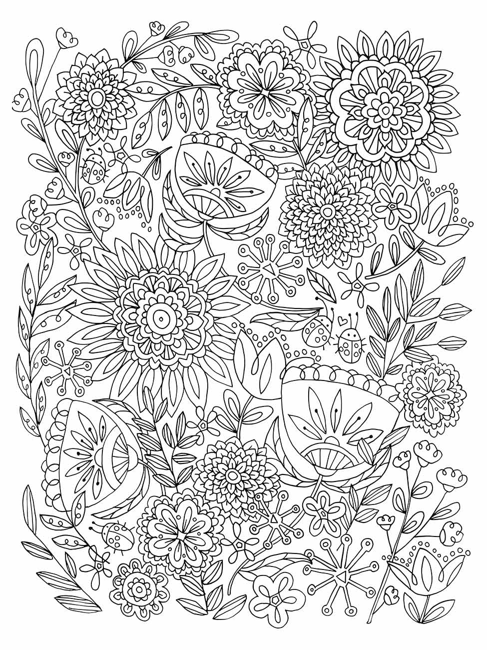 Desenho para desenhar de um jardim repleto de flores estilizadas e detalhadas.