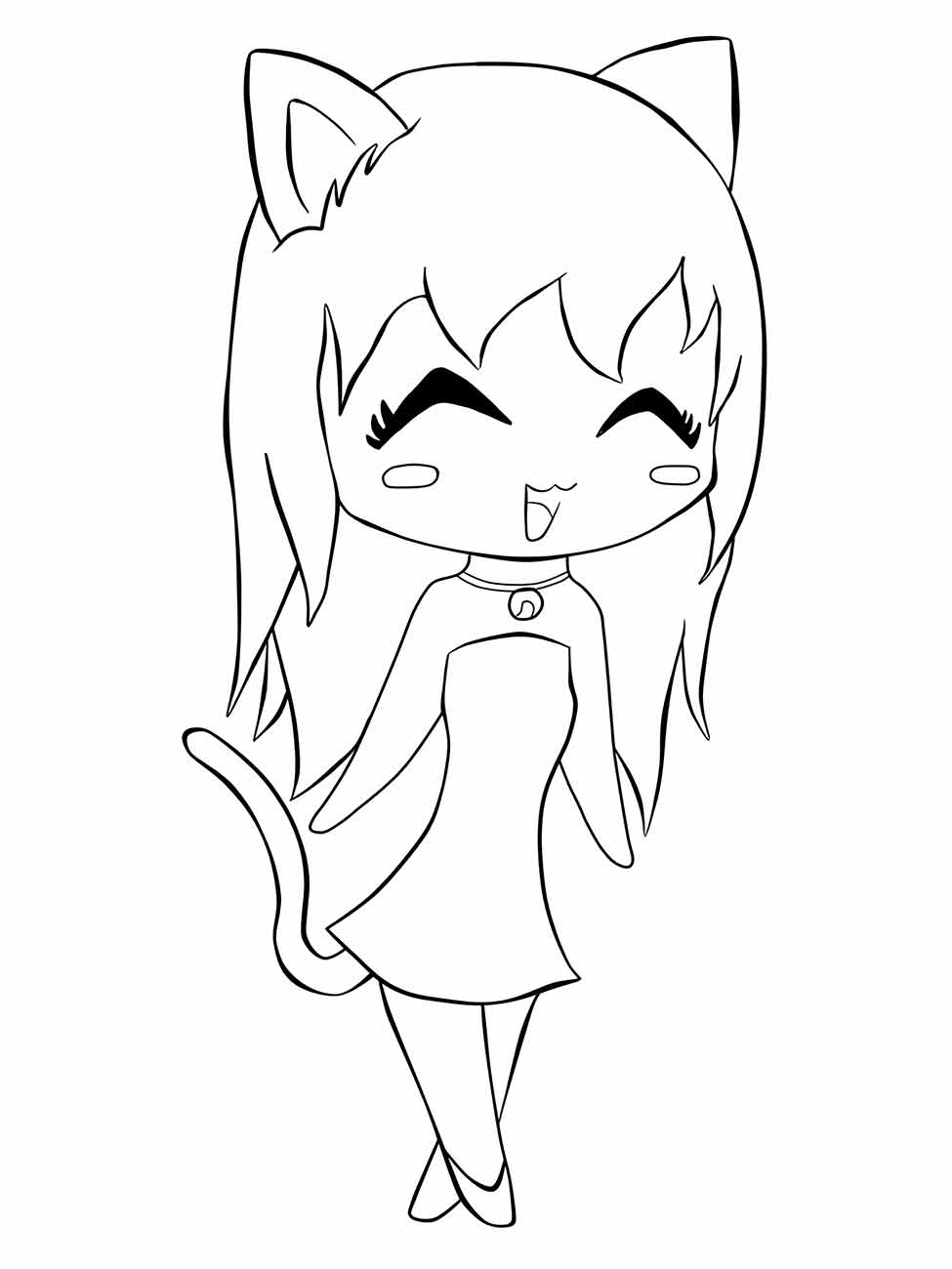 Desenho para desenhar de uma menina com características de gato kawaii, piscando e sorrindo.