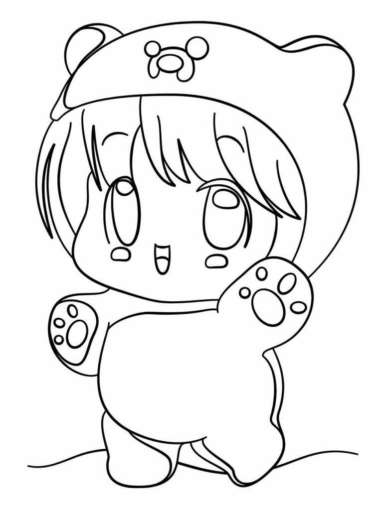 Desenho para desenhar de uma menina vestida com uma fantasia de urso kawaii, com expressão feliz.