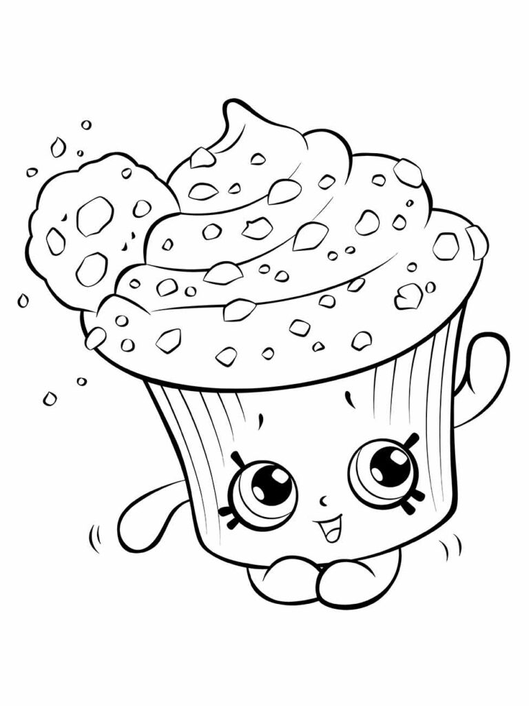 Desenho para desenhar de um muffin de chocolate kawaii com olhos brilhantes e sorriso.