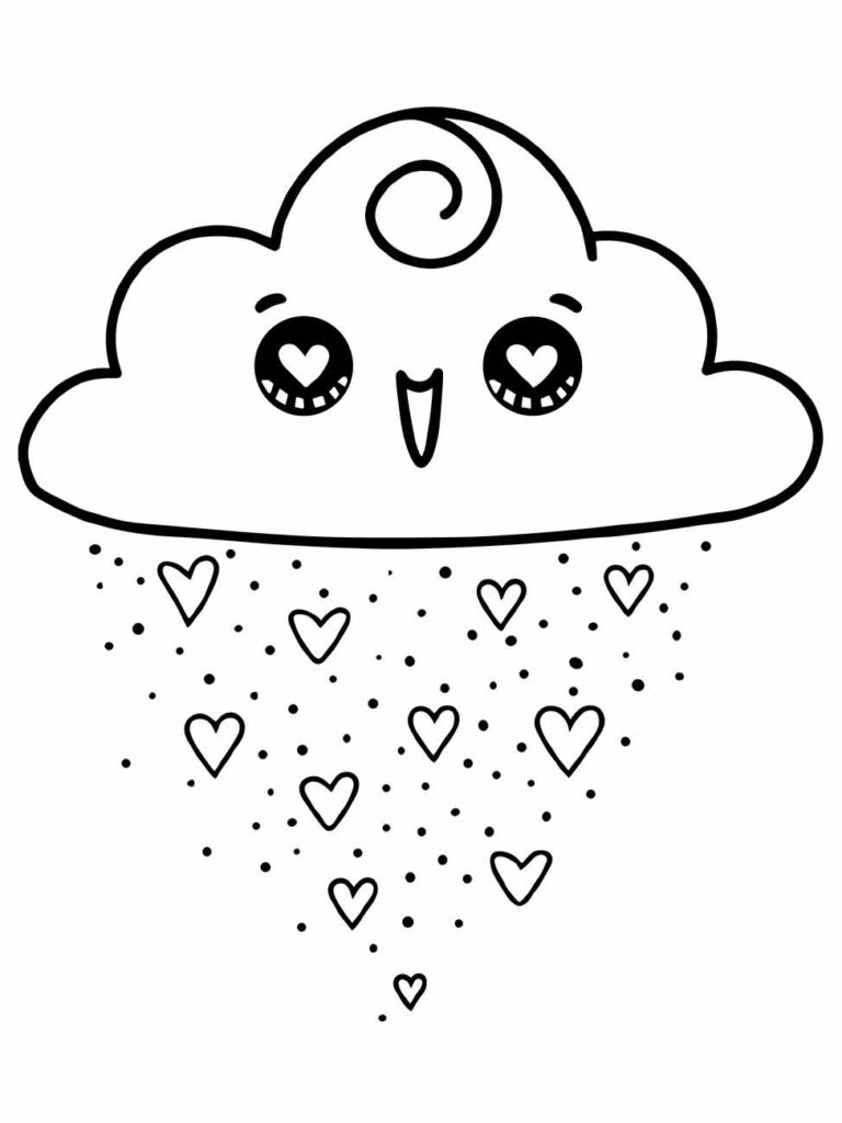 Desenho para desenhar de uma nuvem kawaii derramando uma chuva de corações pequenos.