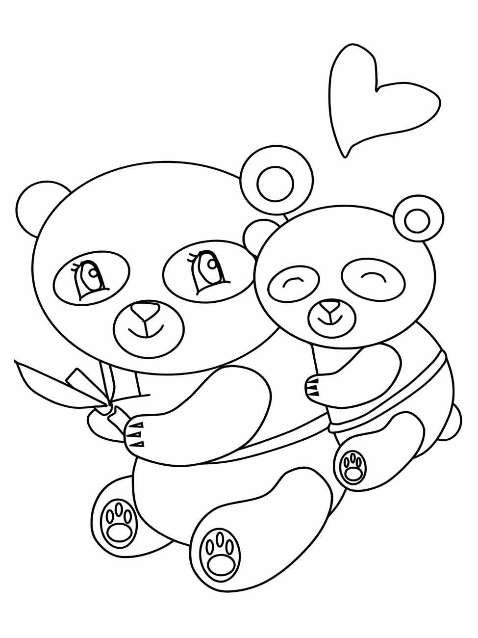 Desenho de dois pandas para desenhar, um grande e um pequeno abraçados, com um coração acima