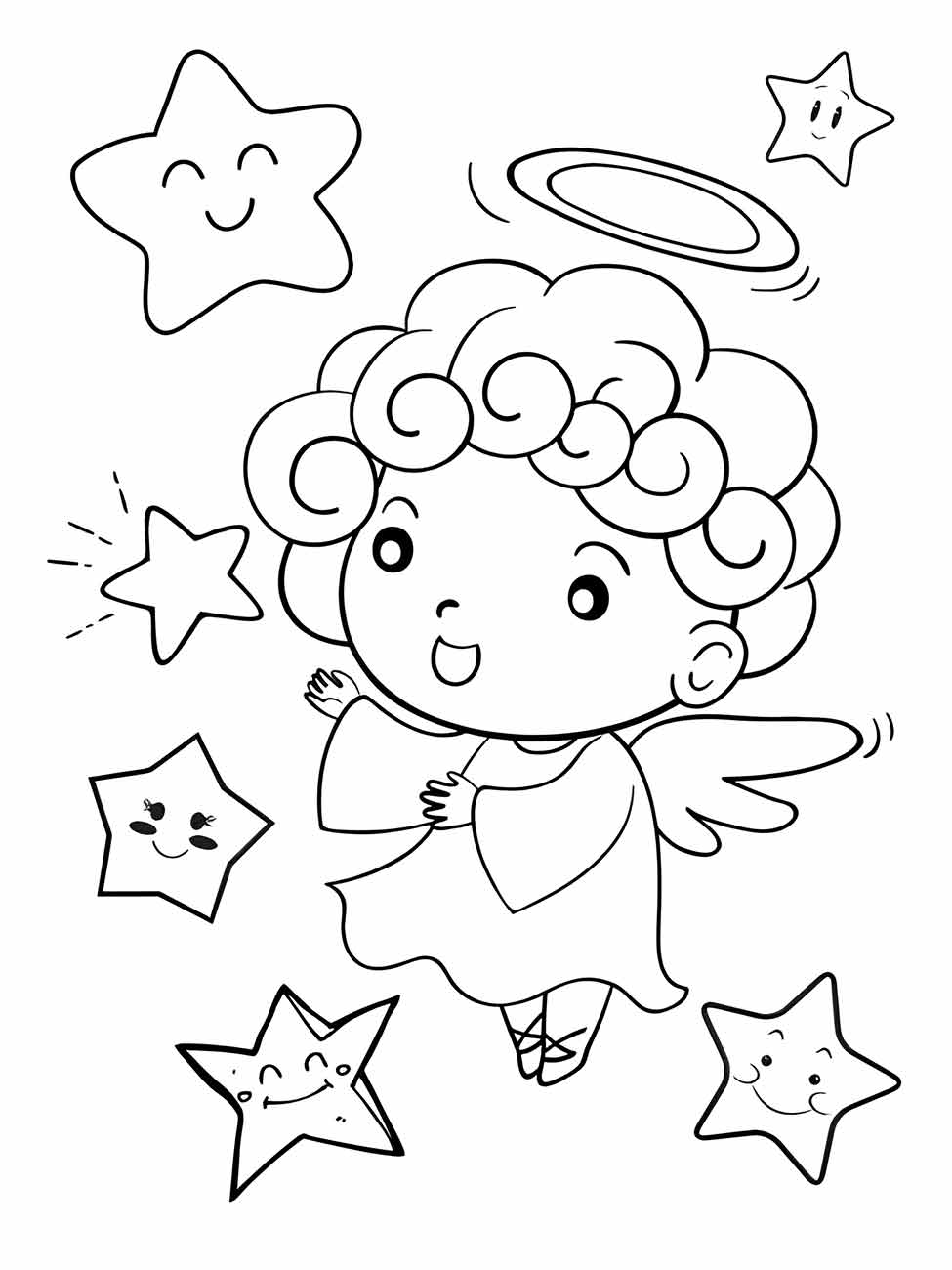 Desenho para desenhar de um anjo infantil sorridente cercado por estrelas com expressões faciais.