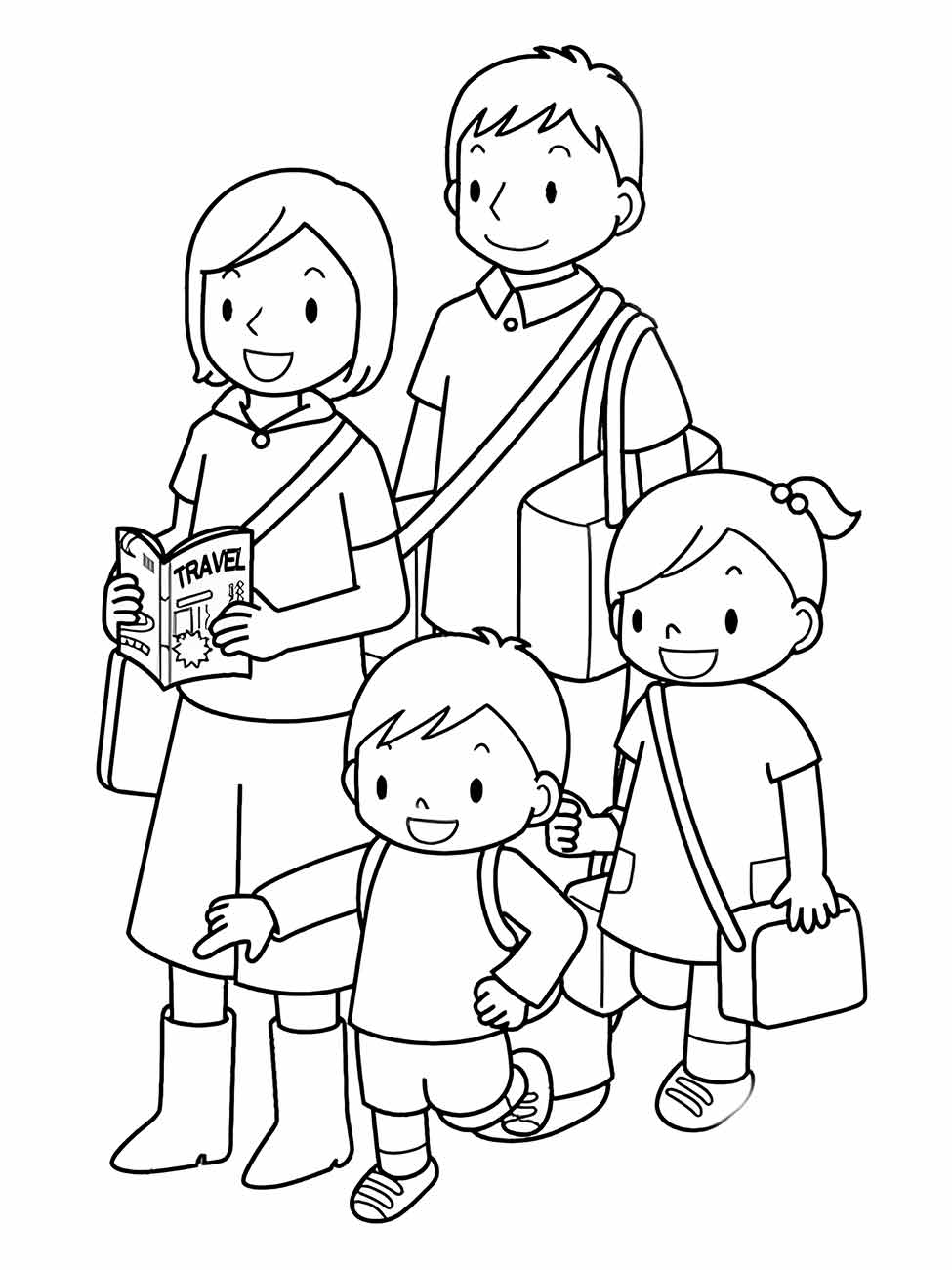 Desenho para desenhar de uma família de quatro viajantes com malas e guia de viagem.