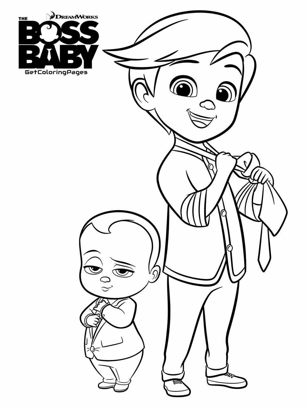 Desenho para desenhar de dois irmãos, um bebê e um menino mais velho com roupas formais.